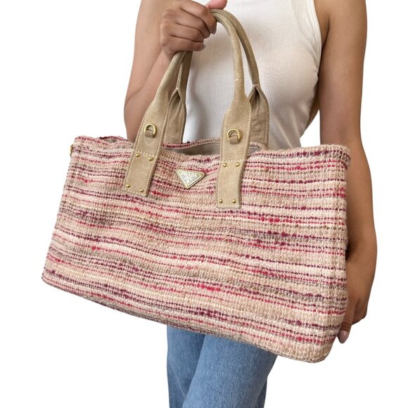 PRADA Vintage Logo Tweed 2way Tote Bag Crossbody Pink Cream Gold Wool [105545] - Picture 1 of 16